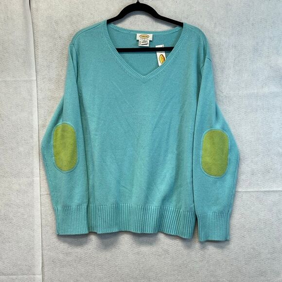 TALBOTS WOMAN Sweater 1X Aqua Blue V-Neck Merino Wool Angora Cashmere Elbow Patc - Picture 13 of 14